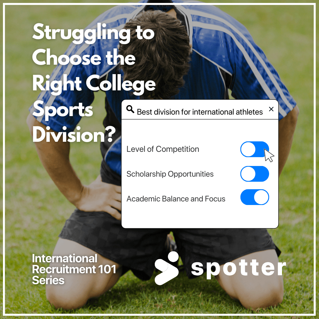 Soccer player kneeling with a menu showing competition level, scholarships, and academics for international athletes.