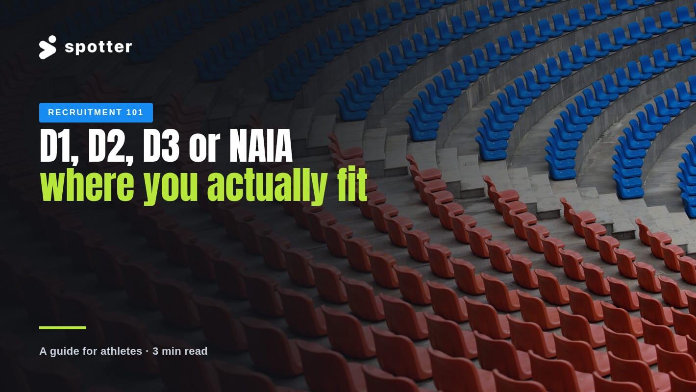 Empty sports arena stands with blue and red seats and the headline “D1, D2, D3 or NAIA – Where Do You Belong?
