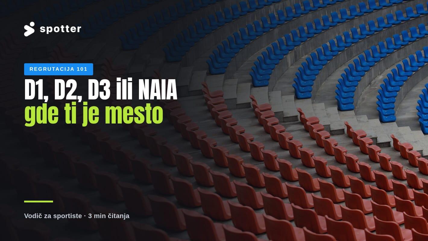 Prazne tribine sportske arene sa plavim i crvenim sedištima i naslovom „D1, D2, D3 ili NAIA – gde ti je mesto